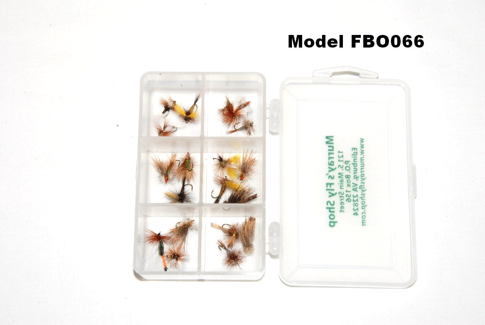 MFS Model FBO066 Clear plastic fly box shown open with a sample of flies in each of the six compartments 