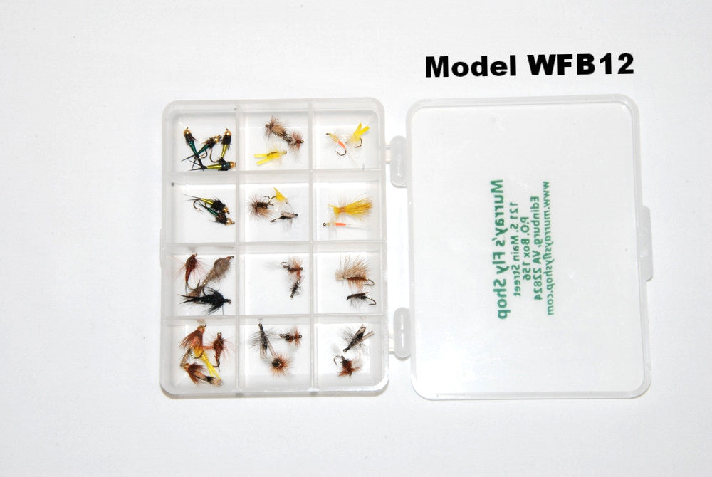 Murray's Fly Shop Custom 12 compartment clear fly box shown open with a sample of flies in each of the 12 compartments