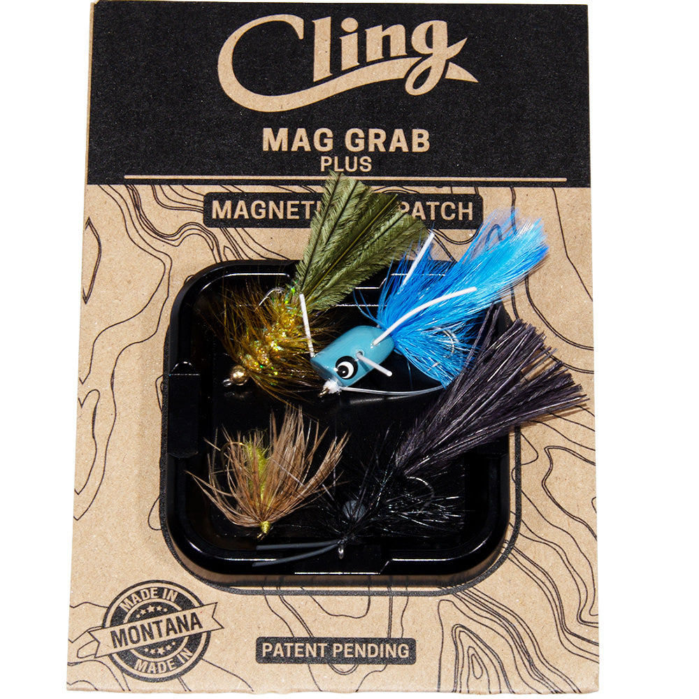 Mag Grab Magnetic Fly Patch holding multiple fishing flies securely with a strong magnetic surface. 2.5" x 2.5"