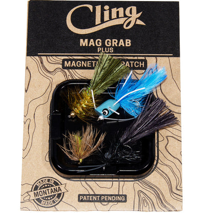 Mag Grab Magnetic Fly Patch holding multiple fishing flies securely with a strong magnetic surface. 2.5" x 2.5"