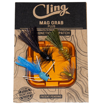 Mag Grab Magnetic Fly Patch holding multiple fishing flies securely with a strong magnetic surface. 2.5" x 2.5"