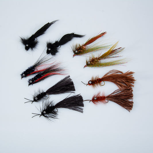 May Bass Fly Special with madtoms, magnum streamers, and hellgrammites