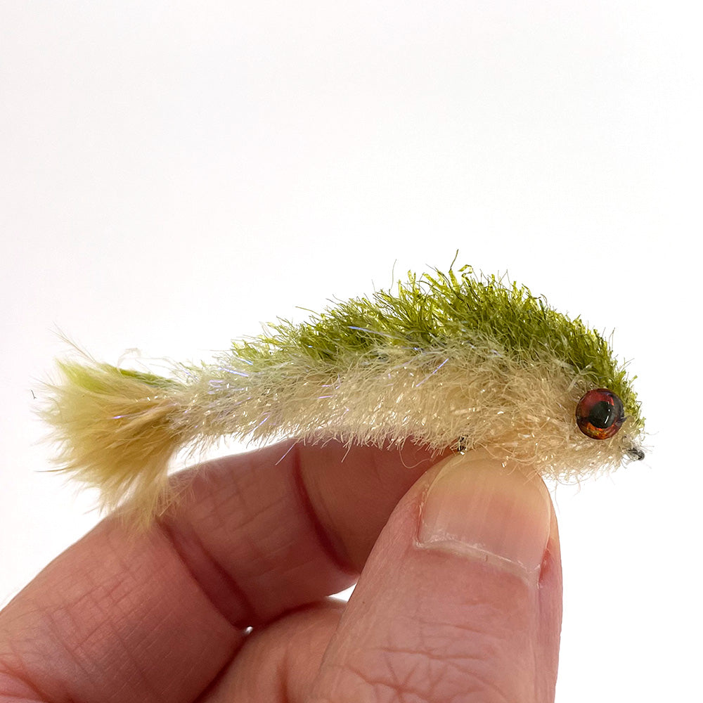 Minnow Changer Fly Tying Class fly shown on a white background being held in a persons fingers