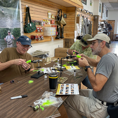 Students at Murray's Fly Shop in Edinburg VA learning to tie the articulated Minnow Changer fly pattern.