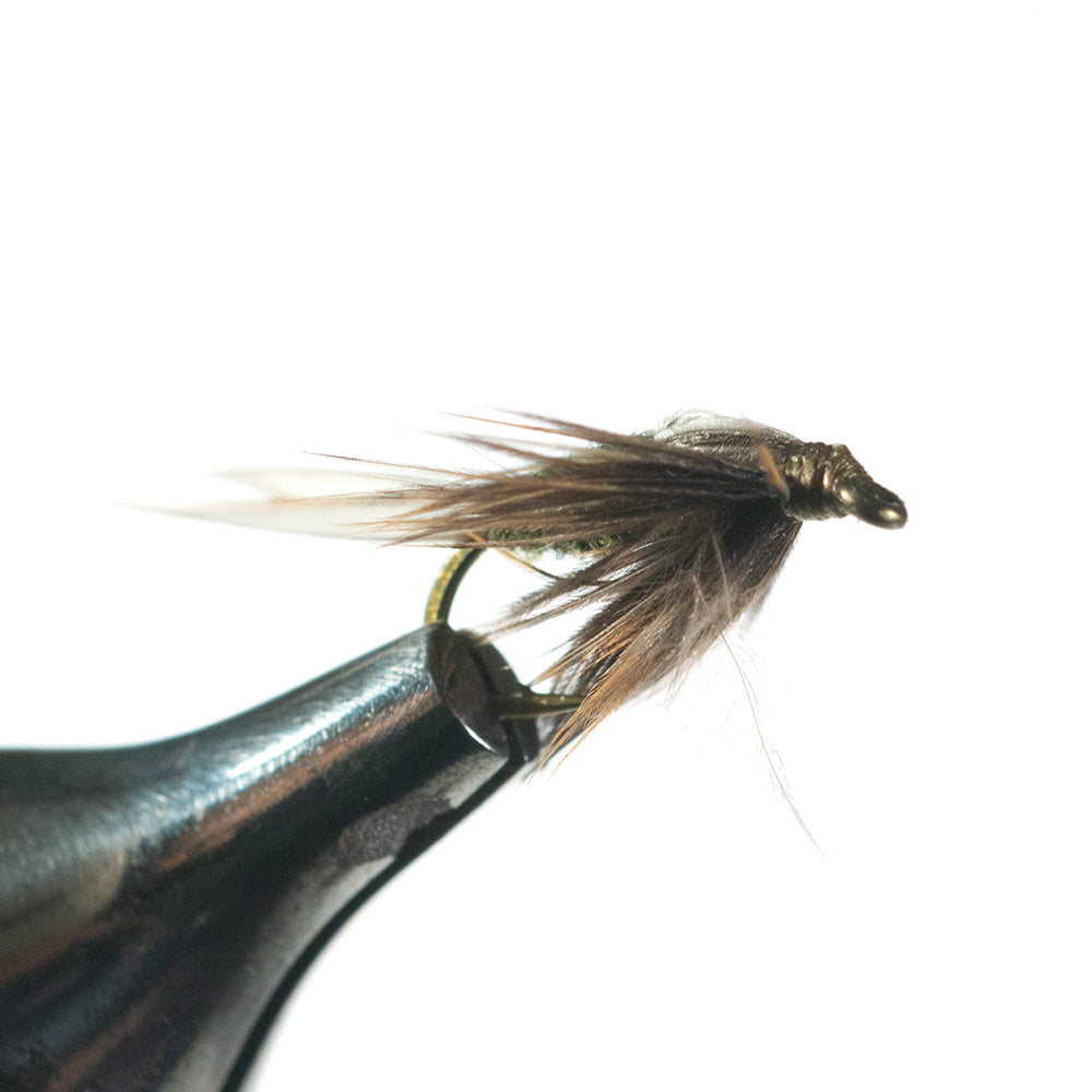 Murrays Blue Wing Olive Nymph on a white background in a vise