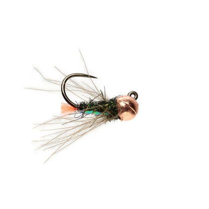 Olsens Peacock color nymph is tied with peacock colored dubbing - shown on a white background.