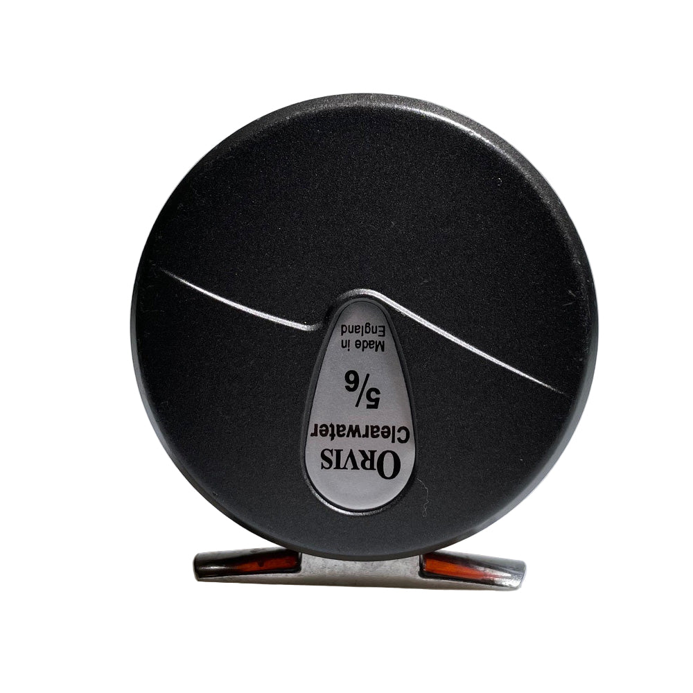 Black fly reel with 'Orvis Clearwater 5/6' branding on a gray background