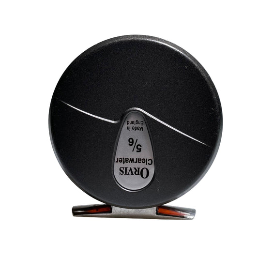 Black fly reel with 'Orvis Clearwater 5/6' branding on a gray background
