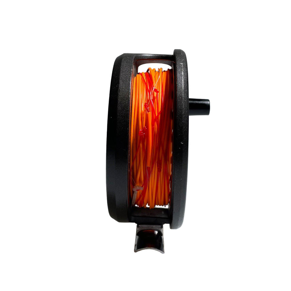Orvis Clearwater 5/6 Fly Fishing reel with orange line on a white background Used