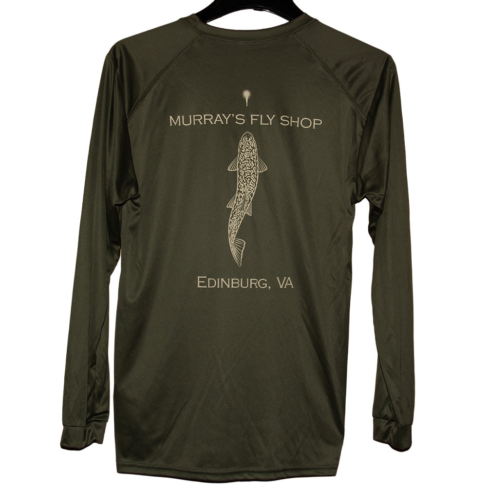 Murray's Sun Protection Shirt in long sleeve featuring a brook trout with a Mr. Rapidan Fly in olive green