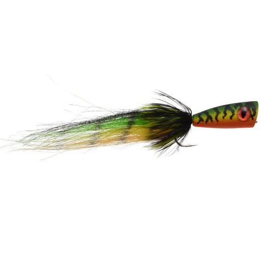 J's Predator Popper fly in Firetiger color pattern showing the cupped foam head and large 3/0 hook.