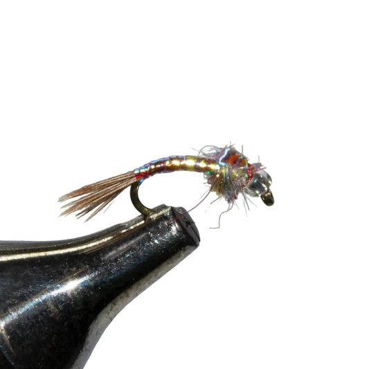 close up view of a Rainbow Warrior trout fly nymph in a vise