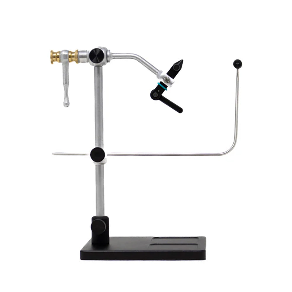 Renzetti Traveler C2003 True Rotary fly tying vise with bent shaft design and cam jaws for hooks size #28 to 4/0. Pedestal Base Model