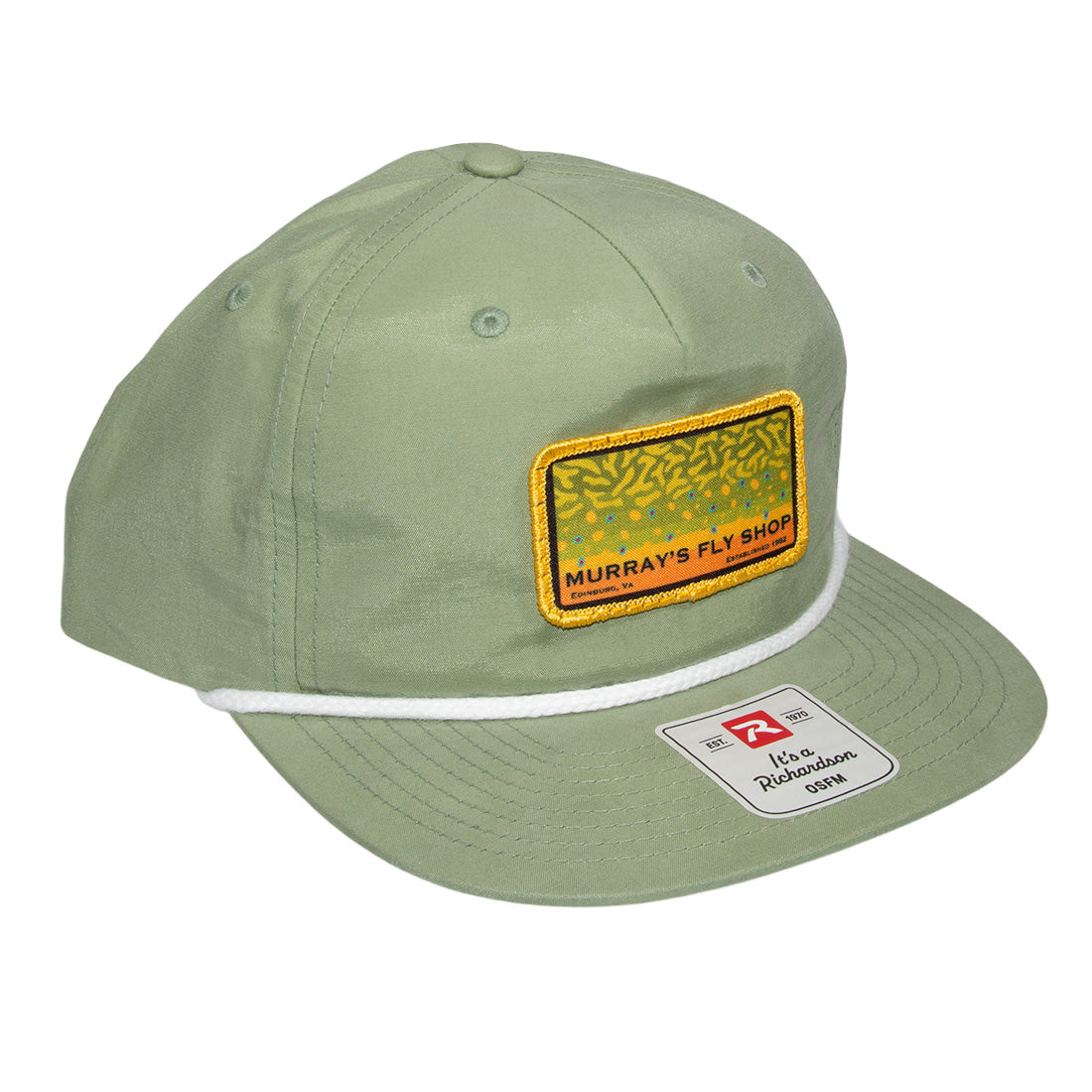 Richardson 256 Umpqua Sage Gramps hat with a sublimation patch with the Murray's Fly Shop name and brook trout design graphic.