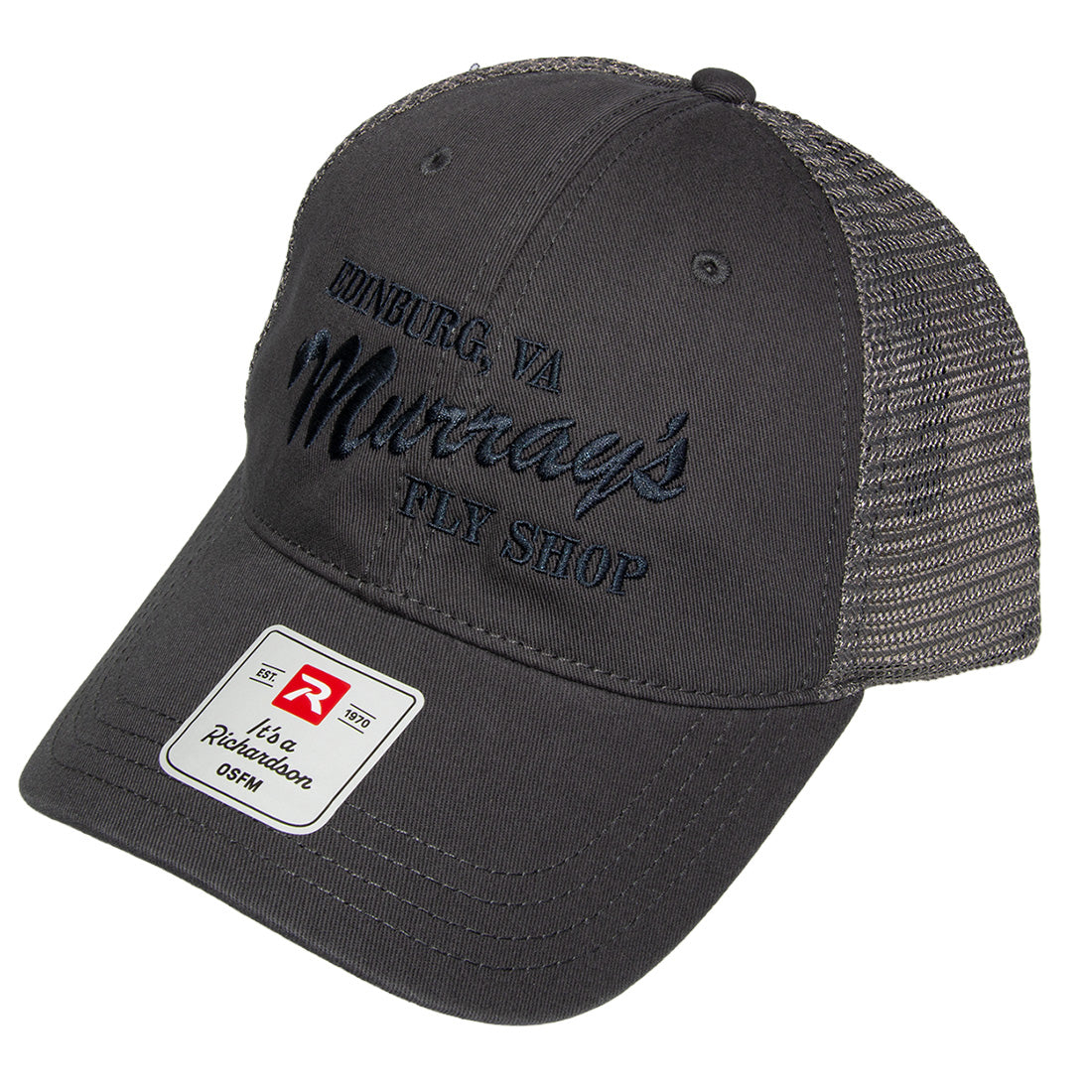 Richardson 111 Trucker Hat in charcoal gray with Murray's Fly Shop embroidered on the front