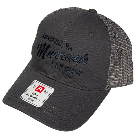 Richardson 111 Trucker Hat in charcoal gray with Murray's Fly Shop embroidered on the front
