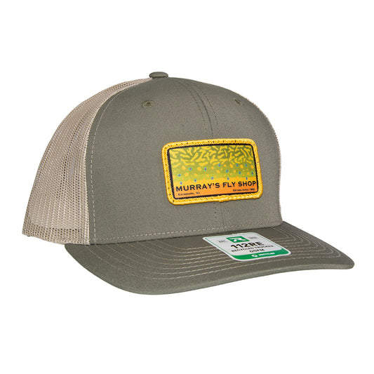 A Murray's Richardson 112 hat made of recycled materials with a sublimation patch of the brook trout design and the Murray's Fly Shop name.
