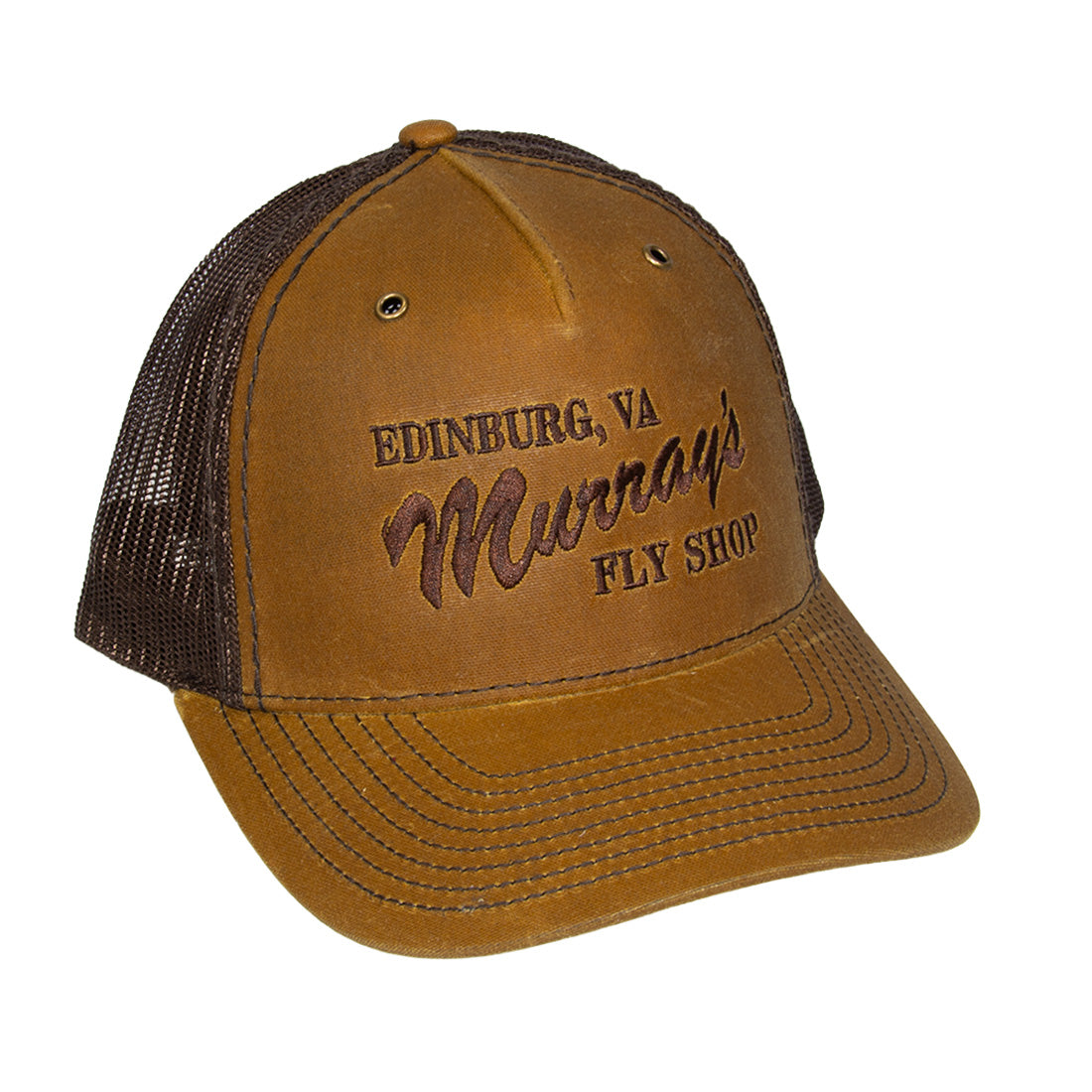 Richardson 112WH Hawthorne Split Whiskey/Brown trucker hat with mesh back featuring the Murray's Fly Shop name embroidered on the front