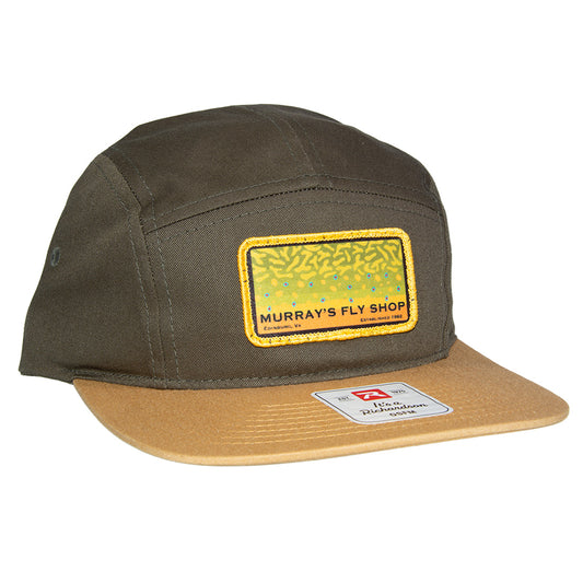 Richardson model 217 Macleay hat in dark loden and biscuit color featuring a sublimate patch with a brook trout design and Murray's Fly Shop Name