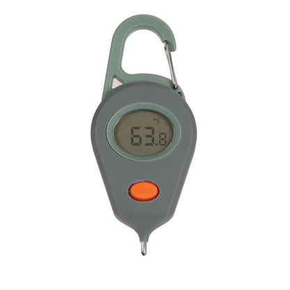 Close-up of the Fishpond Riverkeeper Digital Thermometer showing the large UV-filtered digital display and rugged orange housing for years of fishing abuse.
