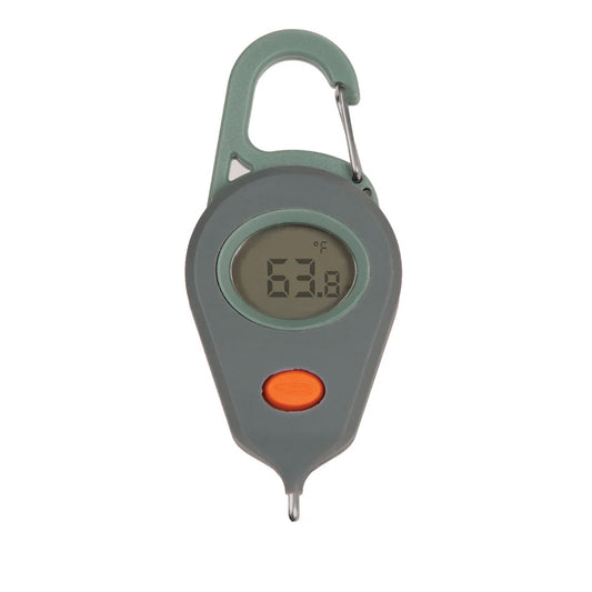 Close-up of the Fishpond Riverkeeper Digital Thermometer showing the large UV-filtered digital display and rugged orange housing for years of fishing abuse.