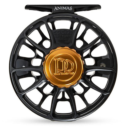 Ross Animas Reel --Matte black view from the back of the reel showing the Animas name on the reel seat and the Ross Reels brand engraved on the drag knob