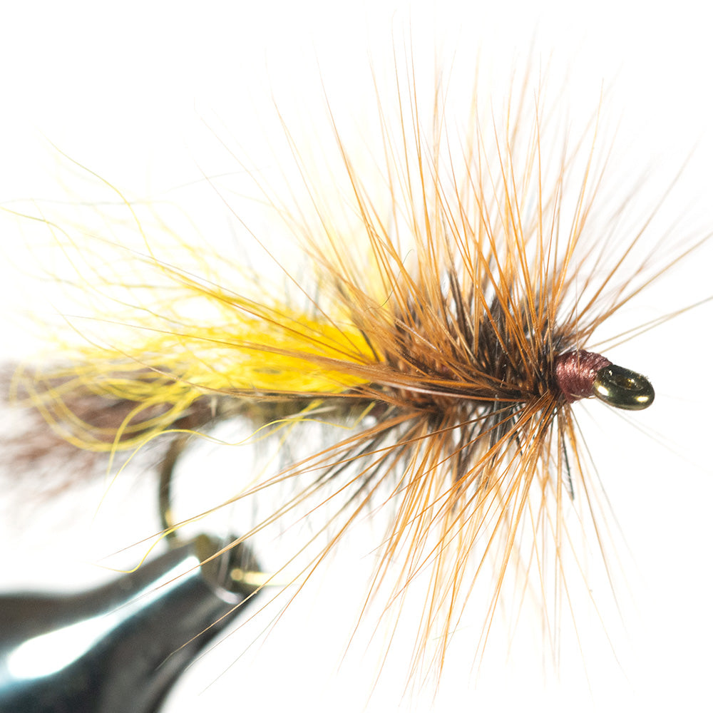 Mr. Rapidan Skater looking at the fly from the front in a fly tying vise with a white background