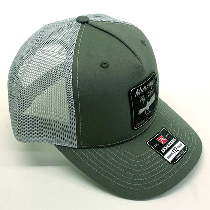 Richardson 112 Trucker Hat with Black MFS Popper Patch in Quarry Color on a white background