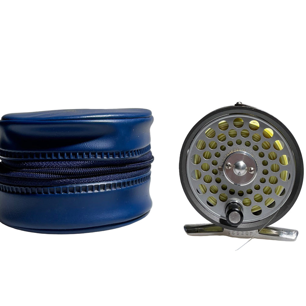 Used Hardy Flyweight Reel shown with case on a white background