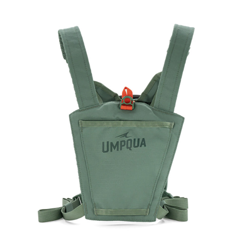 Umpqua North Fork Chest Pack in small, back view showing the net holster and attachment tab on a white background