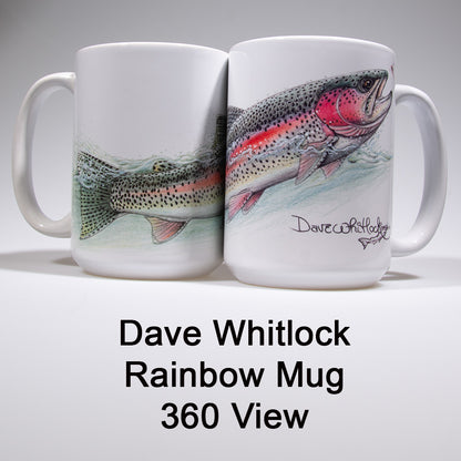 Dave Whitlock signature coffee mug featuring a drawing of a rainbow trout