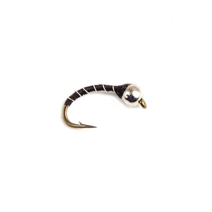 A Zebra Midge in black with a stainless steel bead that is highly effective for midge fly fishing on trout streams.