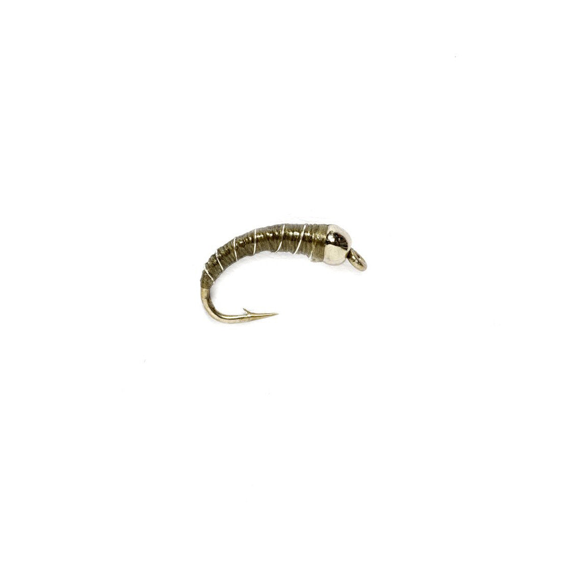 A Zebra Midge in olive with a stainless steel bead that is highly effective on trout streams throughout the winter months.