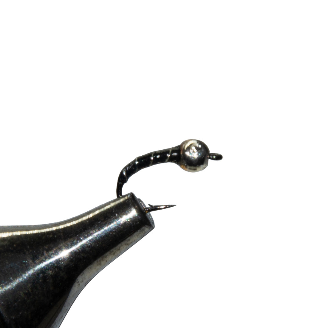 up close view of a Zebra Midge in black in a vise
