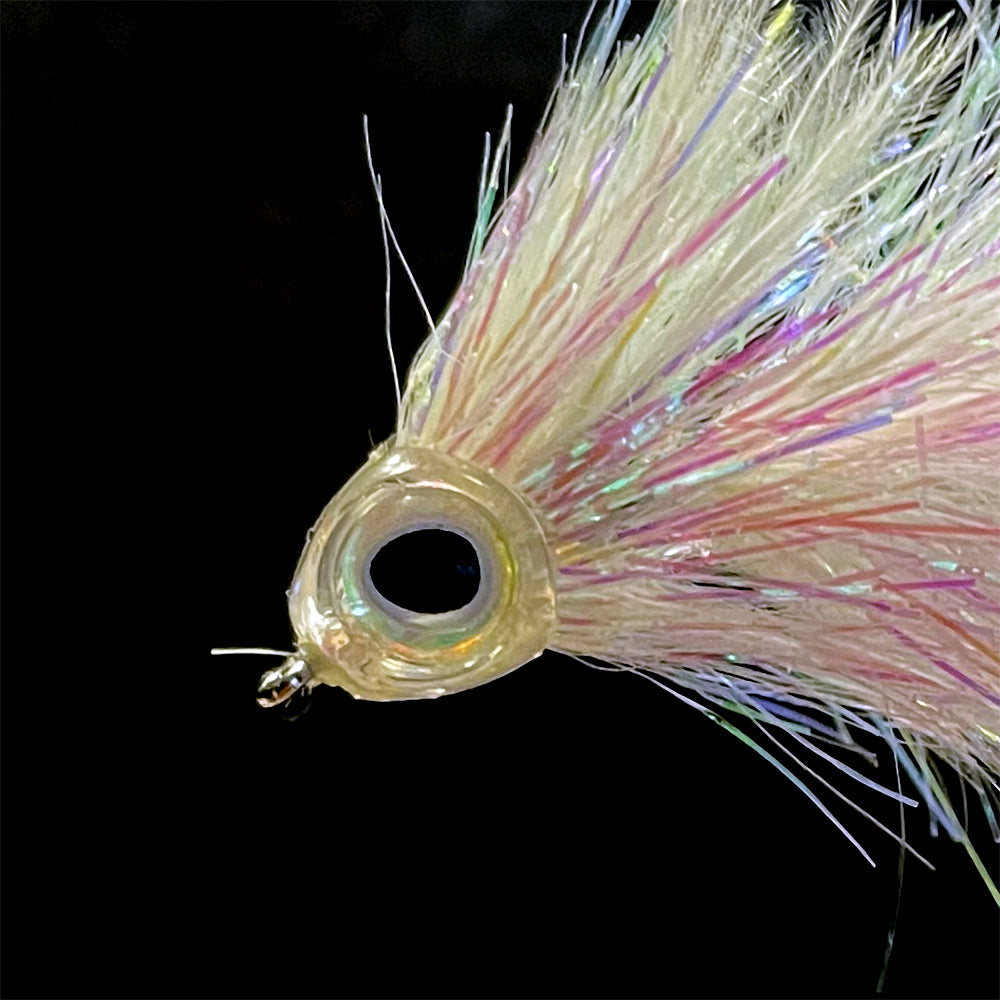 Fish Skull Fish Mask shown on the head of a fly with a dark background