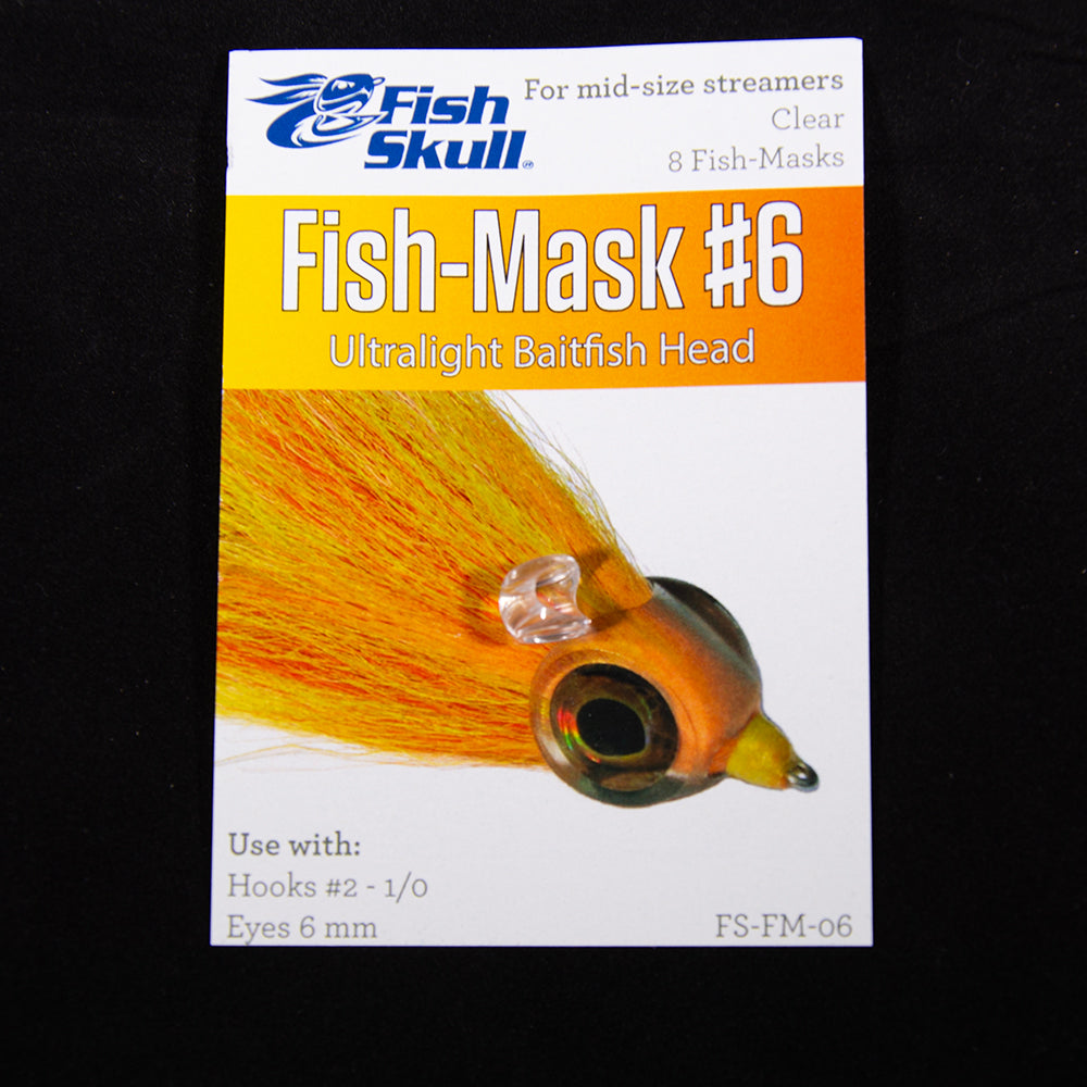 Shown is the Fish Skull Fish Mask #6 for fly tying which fits Hooks #2 - #1/0 with package insert and one fish mask on package