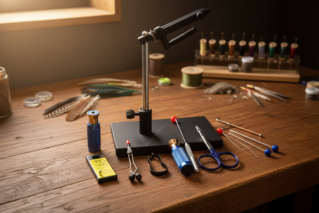 Desk with various fly tying tools and items including a Montanan Pro II Fly Tying Vise and black pedestal base, scissors, and hackle gauge, hair stacker, bobbin, bodkin and bobbin threader.