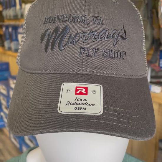 Richardson 111 Hat with mesh back in charcoal with Murray's Fly Shop name embroidered on the front