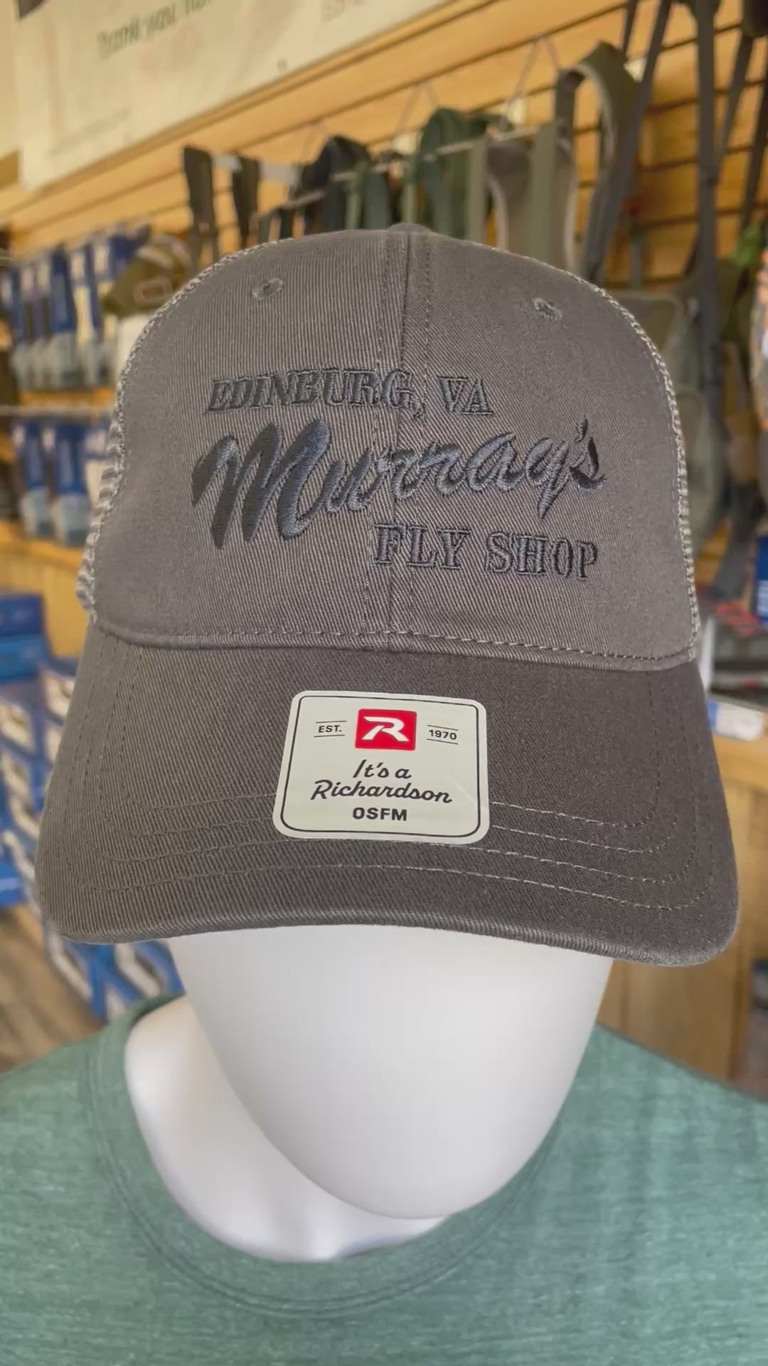 Richardson 111 Hat with mesh back in charcoal with Murray's Fly Shop name embroidered on the front