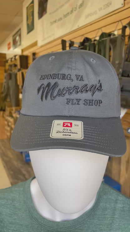 video displaying the Richardson 262 hat in pacific blue with Murray's Fly Shop name embroidered on the front