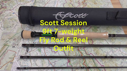 Scott Session 9ft 7wt 4-piece fly rod and reel outfit with Orvis Battenkill Disc fly reel, Scientific Anglers Bass Bug WF-7 fly line, and backing displayed as a complete freshwater fly fishing setup.