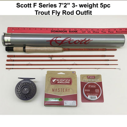 An Orvis Battenkill II reel, Scott F Series fiberglass fly rod, fly line and backing shown with a yardstick for reference