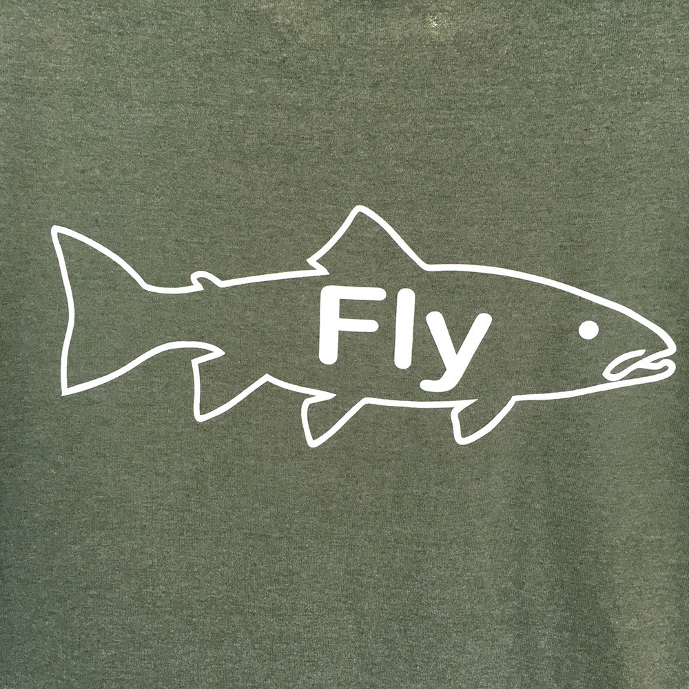 Fly outline featured on the back of our heather military green Fly Shirt.