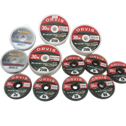 Shown are 12 spools of leader material which make up the Murray's Fly Shop Classic Leader Building Kit