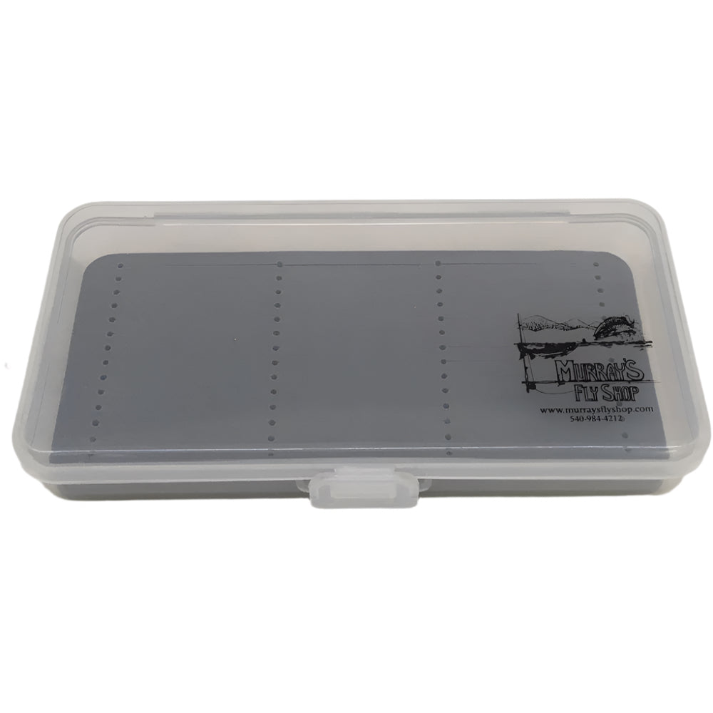 Clear Box with Gray Liner with Murray's Fly Shop logo in the bottom right hand corner