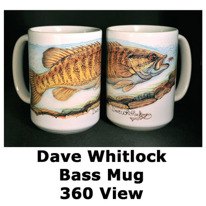 Dave Whitlock signature coffee mug featuring a smallmouth bass