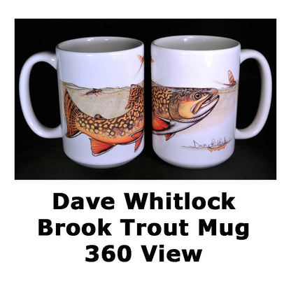 Dave Whitlock signature coffee mug featuring a drawing of a brook trout