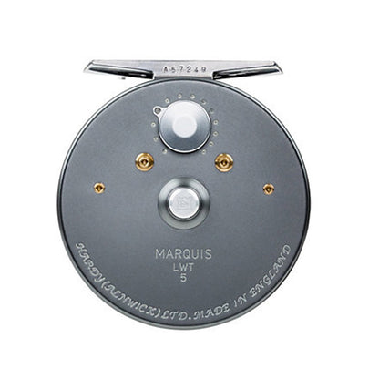 Hardy Marquis LWT Fly Reel, showing the back view, regulator knob with the brand name and model details.