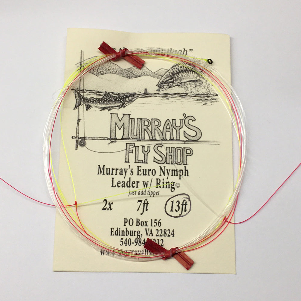 Pictured is a Murray's Euro Nymph Leader with tippet ring 13 foot long for fly fishing 