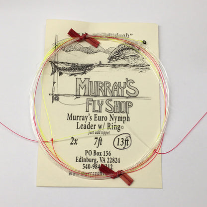 Pictured is a Murray's Euro Nymph Leader with tippet ring 13 foot long for fly fishing 